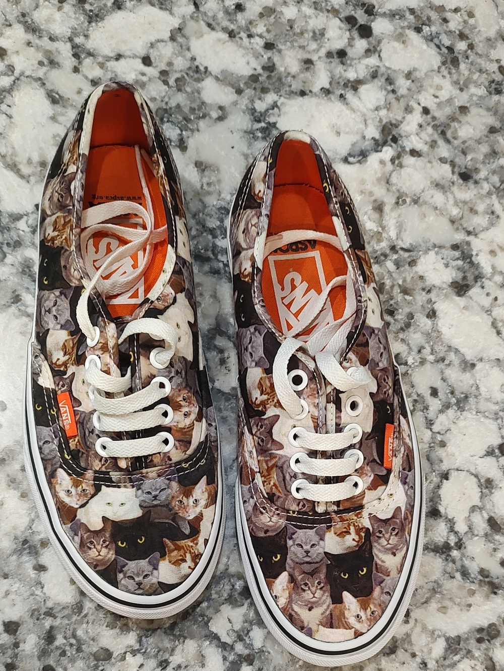 Vans Cat-Print Low-Top Sneakers — Black, White, Orange, Brown